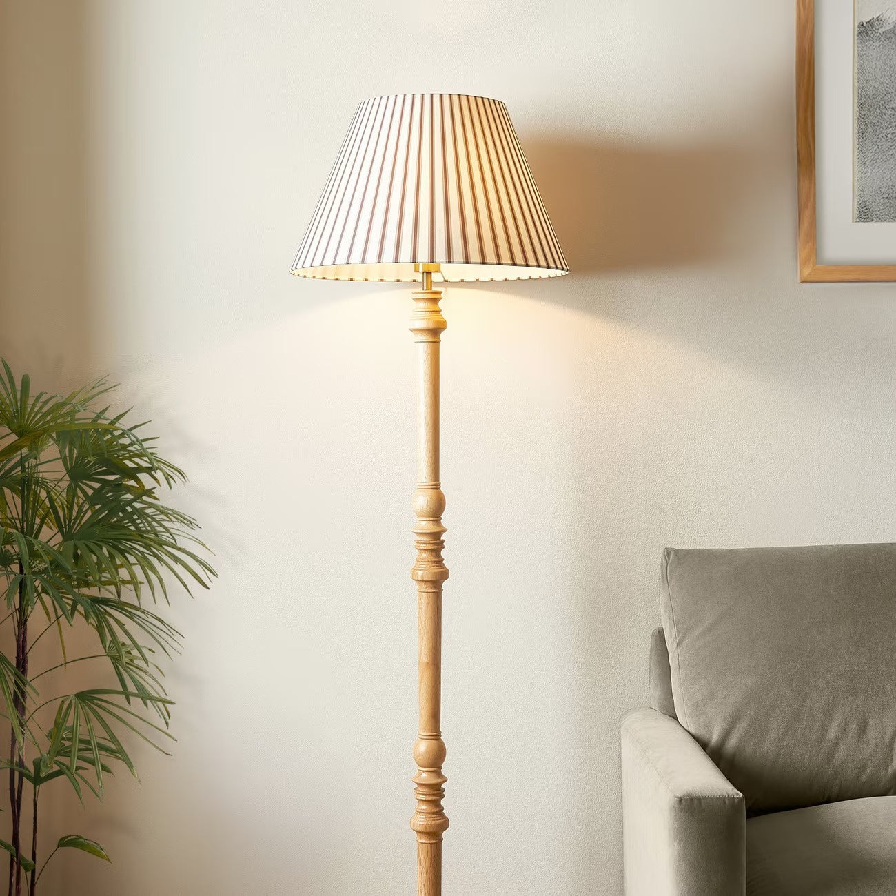 Floor Lamp with Wooden Stem and Ribbed Shade